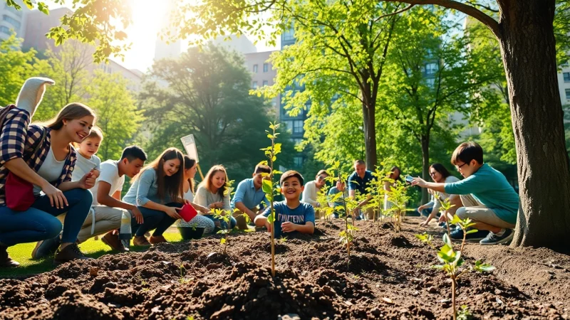 People planting trees in an urban park representing Climate good news and hope for a sustainable future.