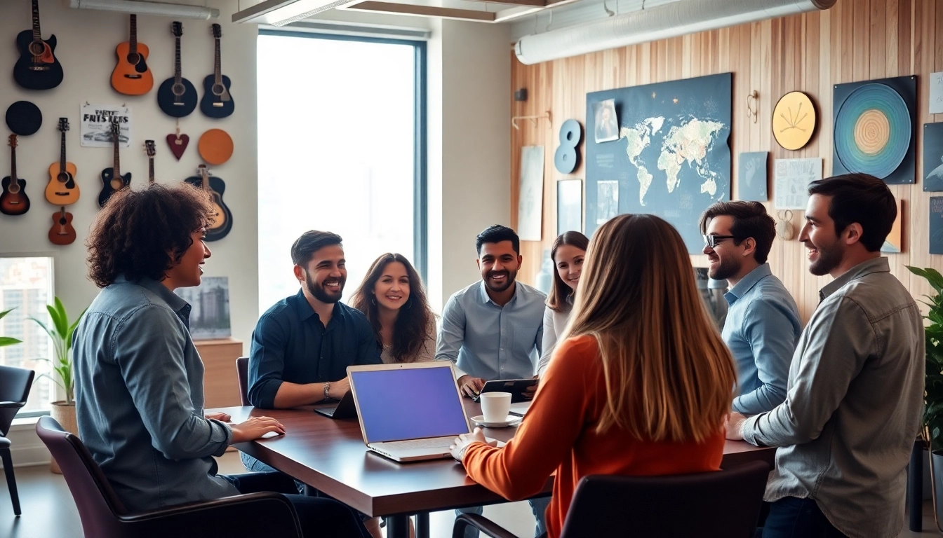 Engaged team discussing strategies for the Best Music PR Agencies in a vibrant office setting.