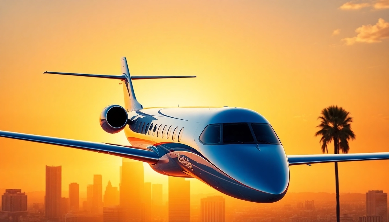 Private Jet Charter Los Angeles soaring over the city skyline, emphasizing luxury air travel.