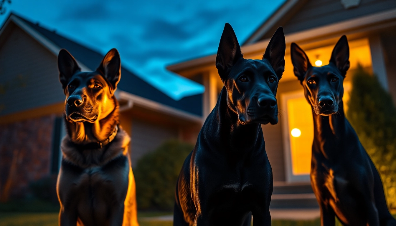 Security Dogs provide protection while attentively guarding a home environment at dusk.