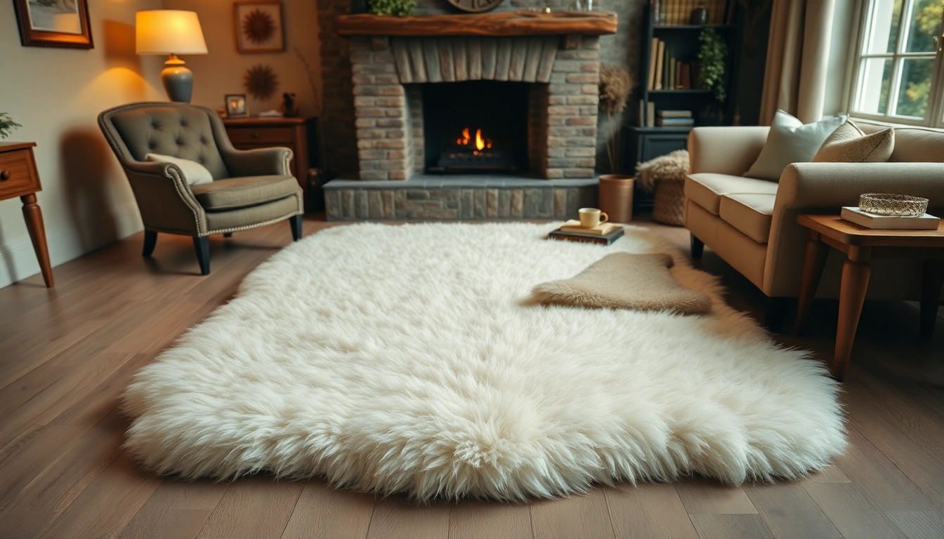 Cozy living room featuring a luxurious sheepskin rug next to a warm fireplace.