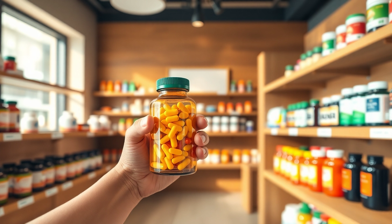 Shop premium Kosher vitamins online featuring a variety of colorful bottles in a modern pharmacy.
