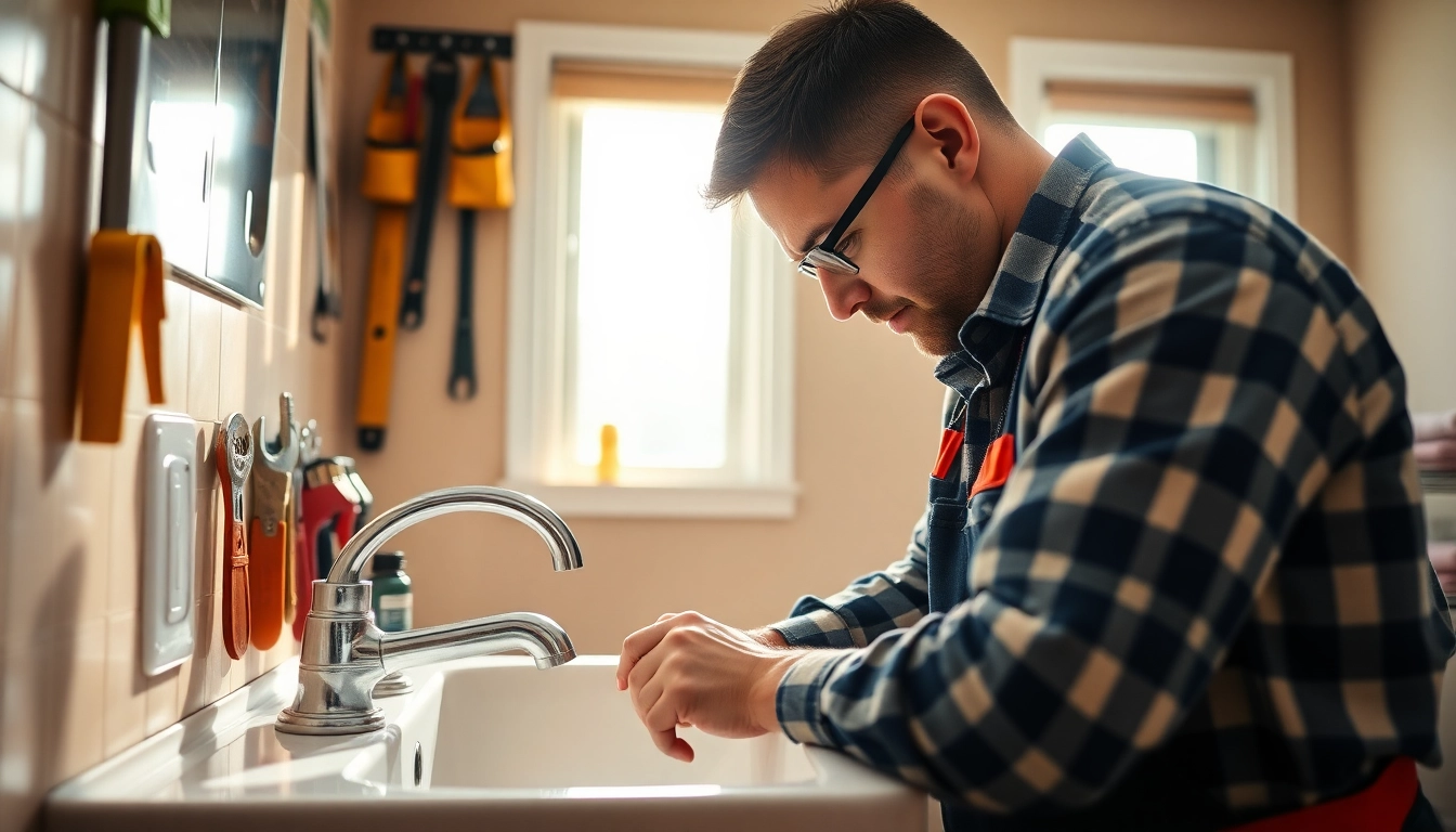 Plumber near me fixing a sink in a bright residential bathroom.