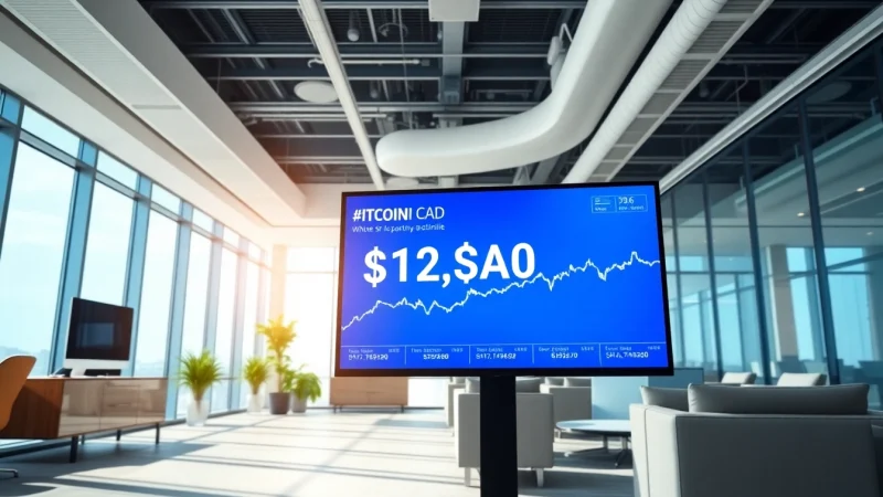 Track live bitcoin price cad updates on a modern digital screen in a vibrant office.