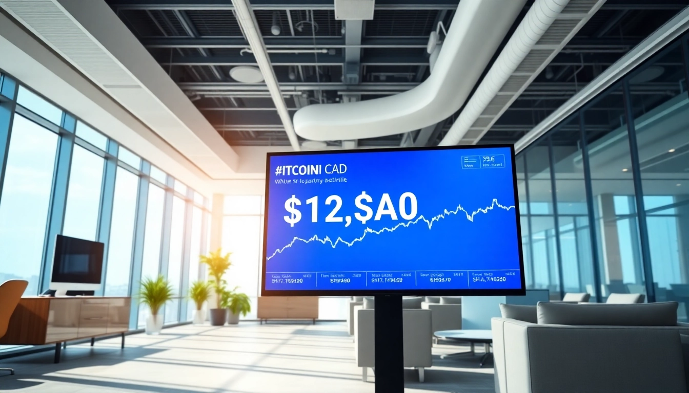 Track live bitcoin price cad updates on a modern digital screen in a vibrant office.