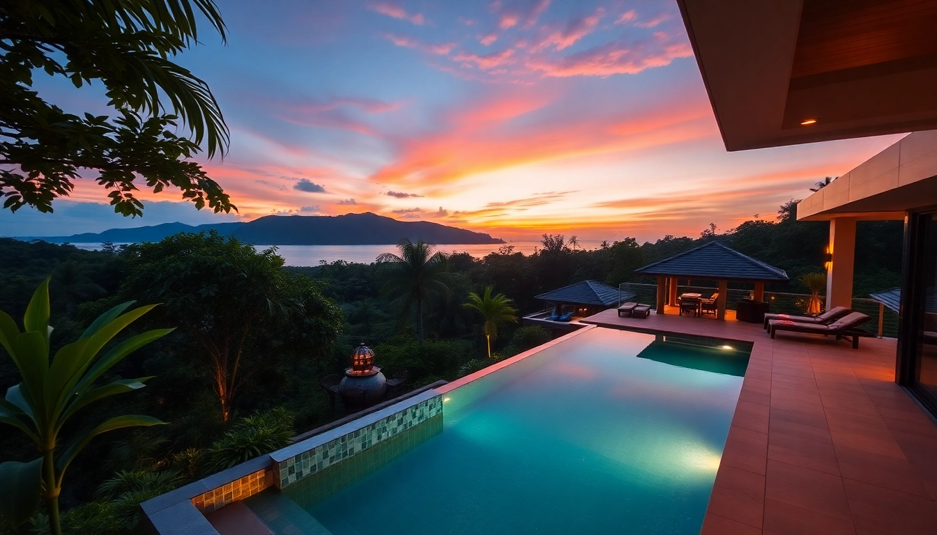 Enhance your villas property management with a stunning villa view featuring a luxurious pool and lush greenery.