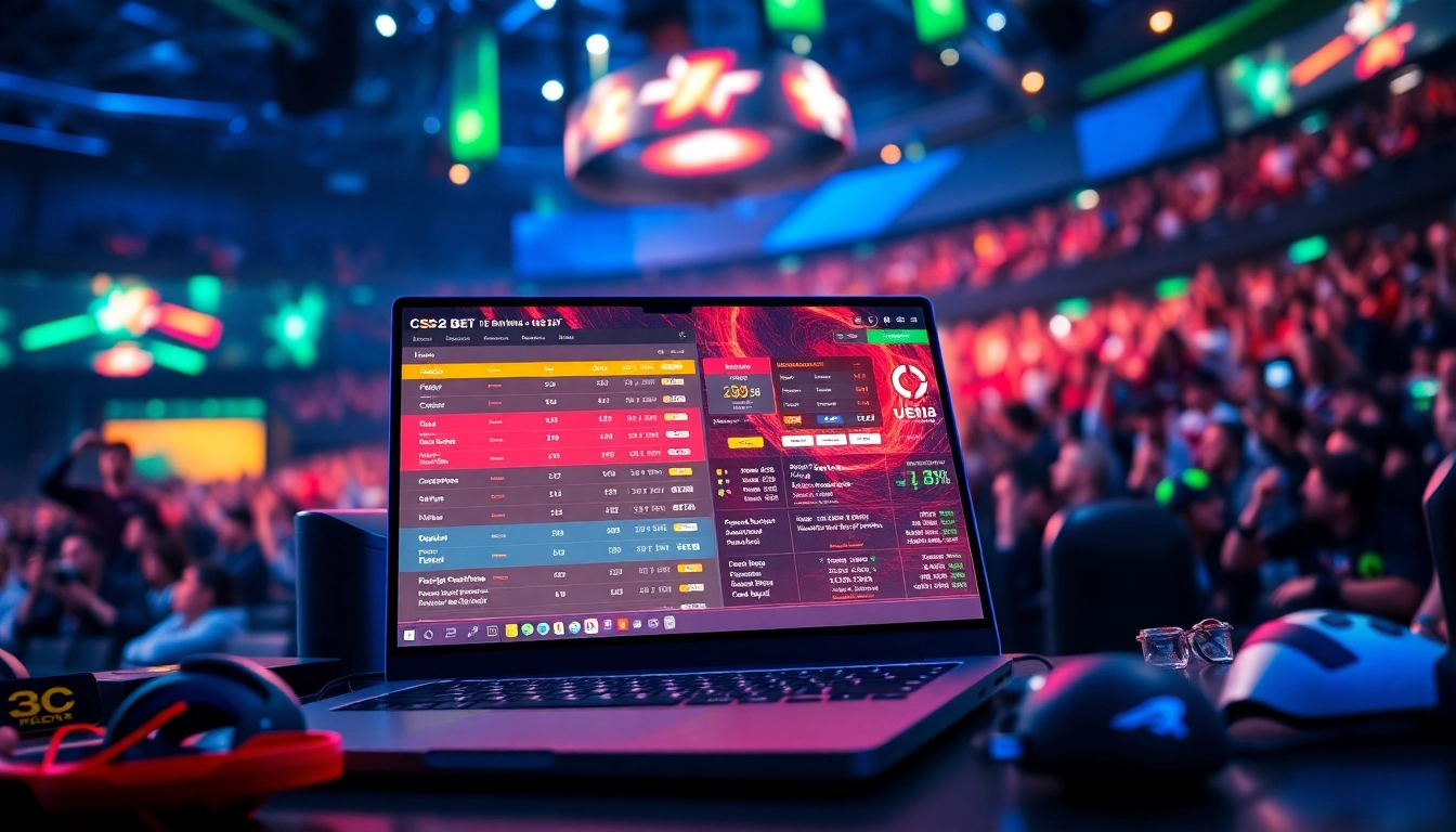 Engaging visual of a vibrant CS2 Bet interface surrounded by esports excitement.
