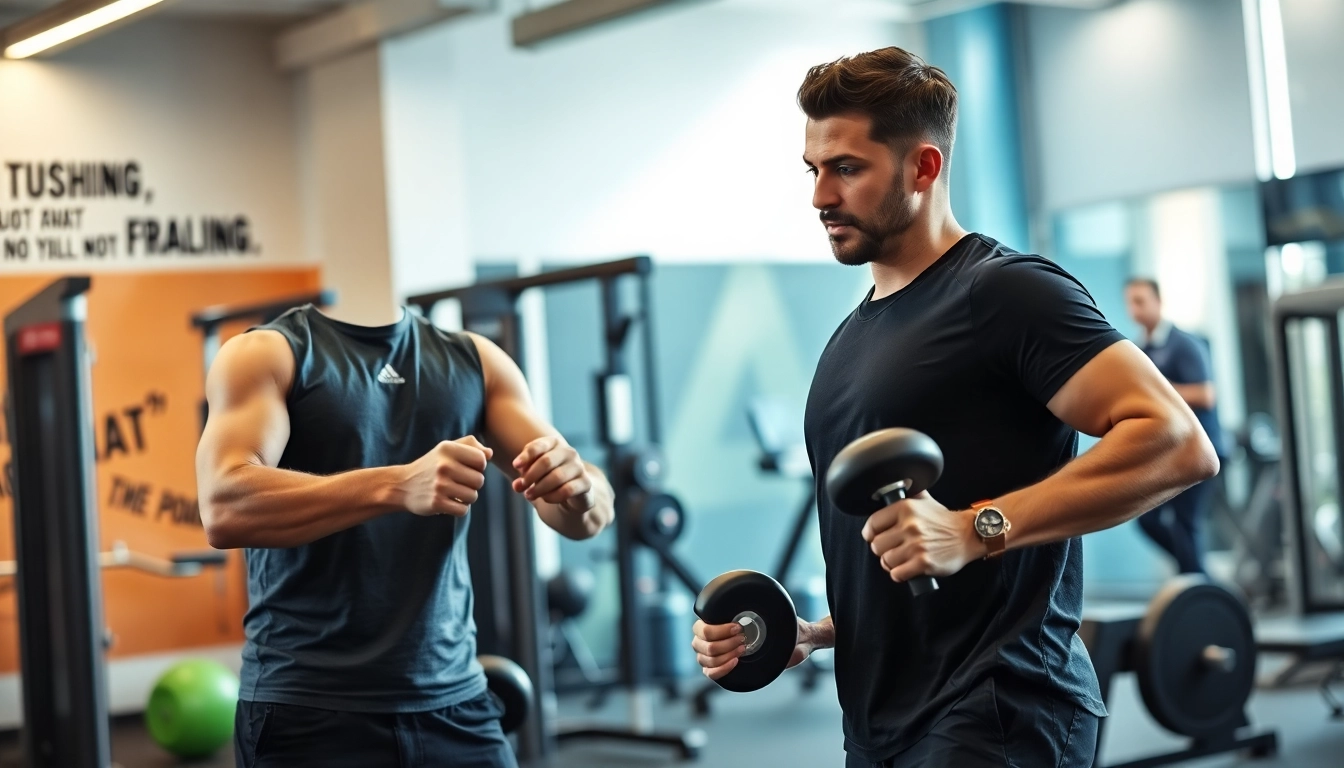 Find a personal trainer guiding a client in a modern gym setting, emphasizing fitness and motivation.