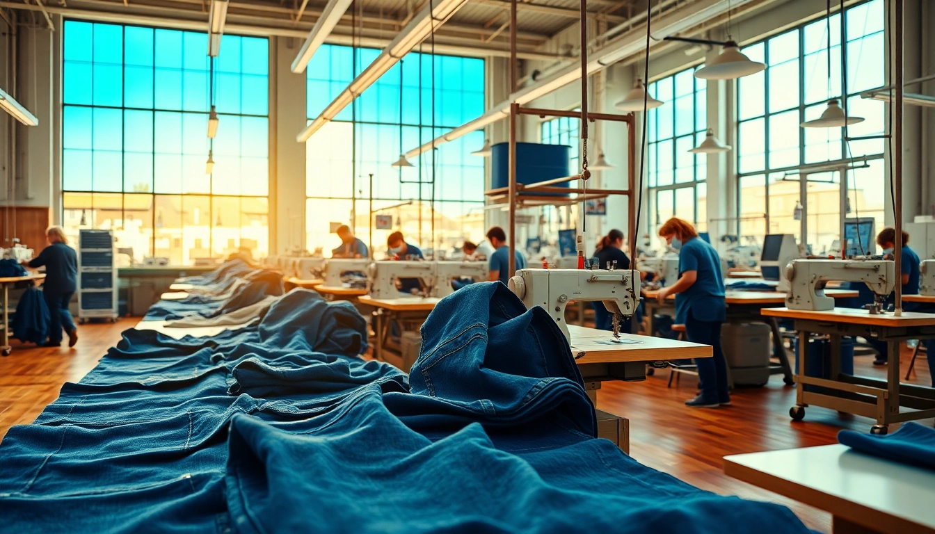 Showcase of jeans garment manufacturers crafting quality denim apparel in a bright factory setting