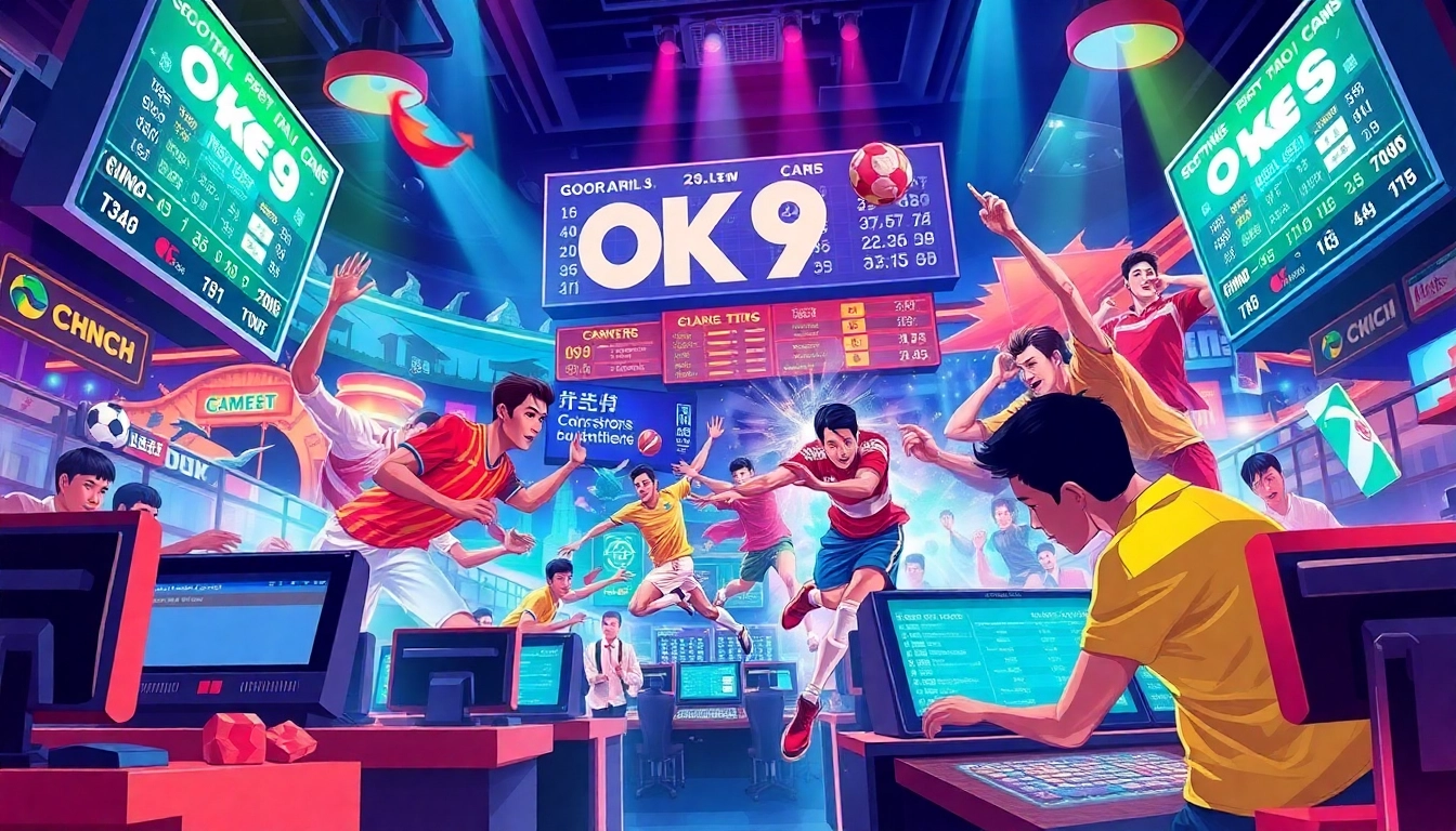 Experience the excitement of OK9 THỂ THAO sports betting with lively athletes and dynamic digital displays.