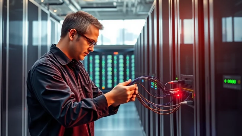 Inspecting fiber-optic cables for Sonic Fiber Internet in a modern data center.