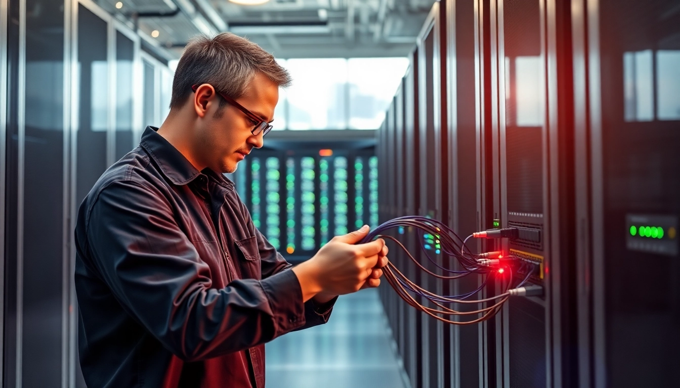Inspecting fiber-optic cables for Sonic Fiber Internet in a modern data center.