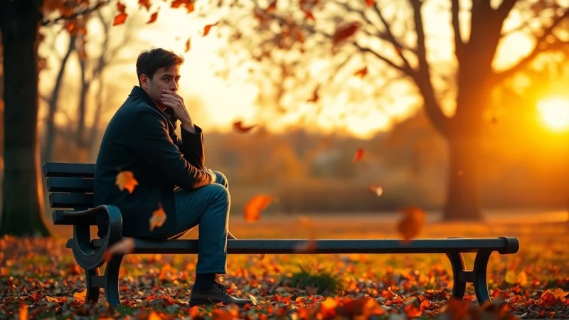 Candid moment of a person experiencing relationship breakup, surrounded by autumn leaves, reflecting deep emotions