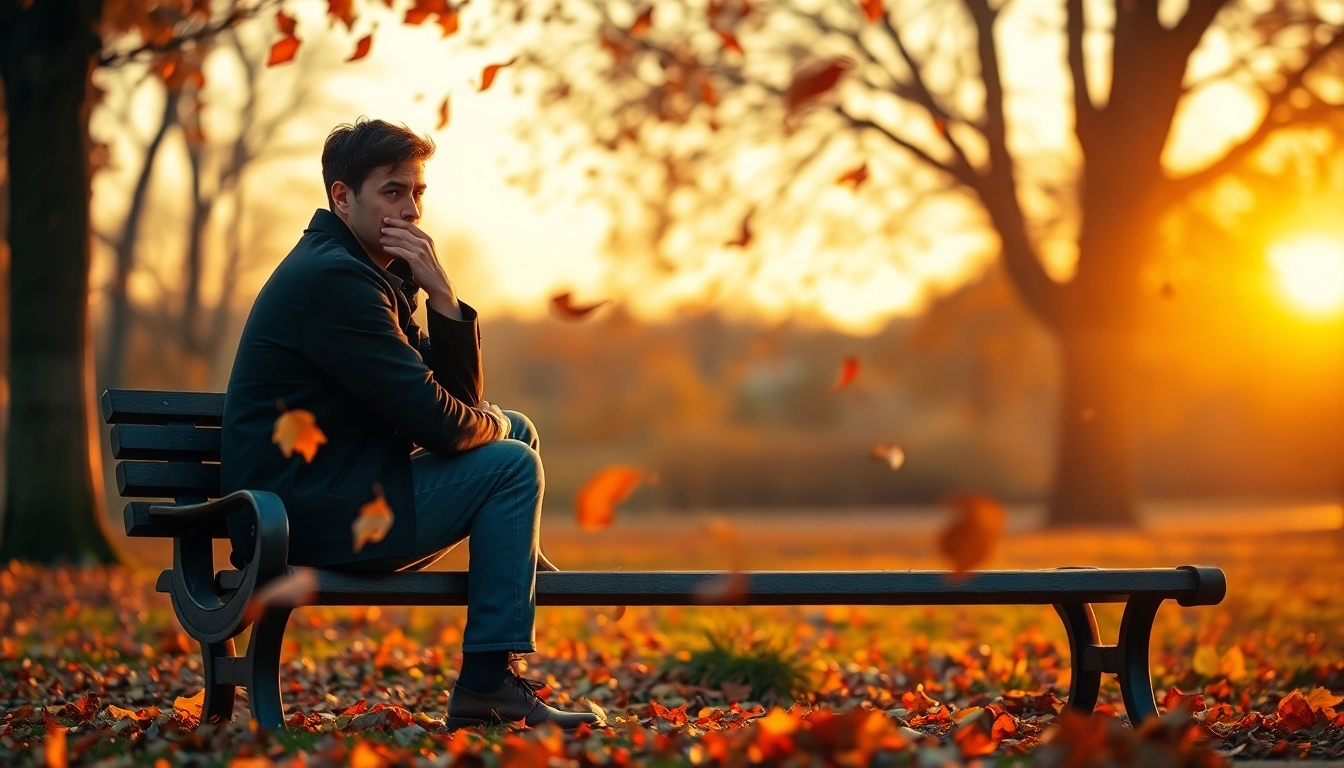 Candid moment of a person experiencing relationship breakup, surrounded by autumn leaves, reflecting deep emotions