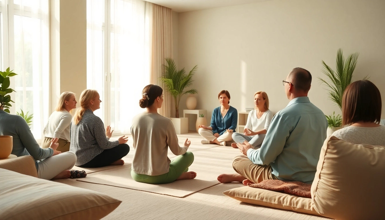 Participants practicing mindfulness to manage anxiety in a serene therapy room setting.