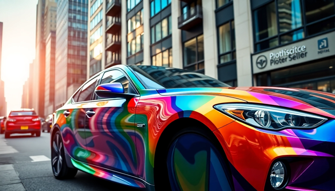 Showcase of a visually stunning Global Car Wrap on a modern vehicle set in a lively cityscape.