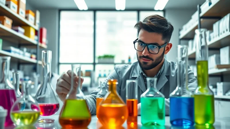 Kima Chemical chemist working with vibrant chemical solutions in a well-equipped lab.