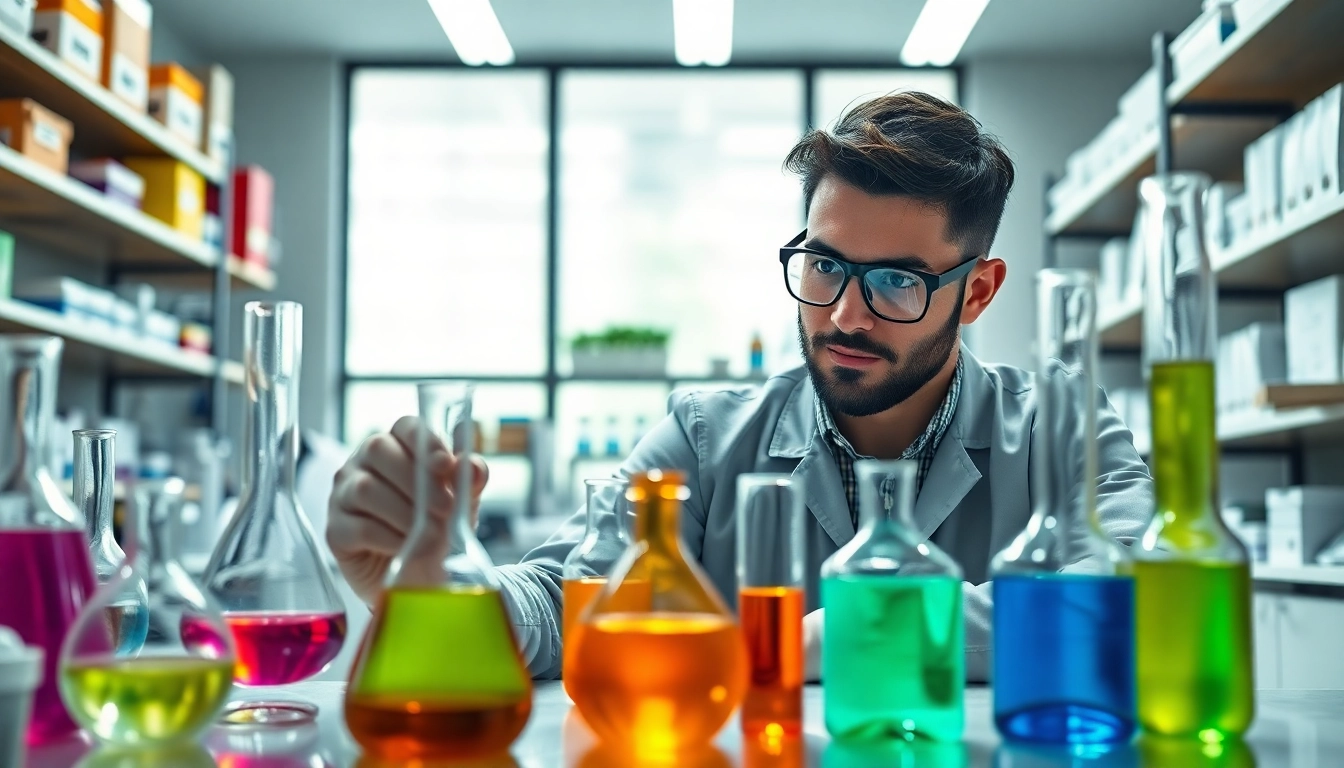 Kima Chemical chemist working with vibrant chemical solutions in a well-equipped lab.