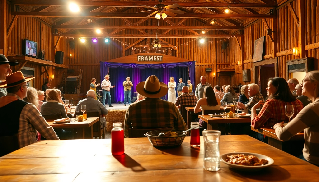 Guests enjoying a lively performance at firelight barn dinner theater featuring BBQ and entertainment.