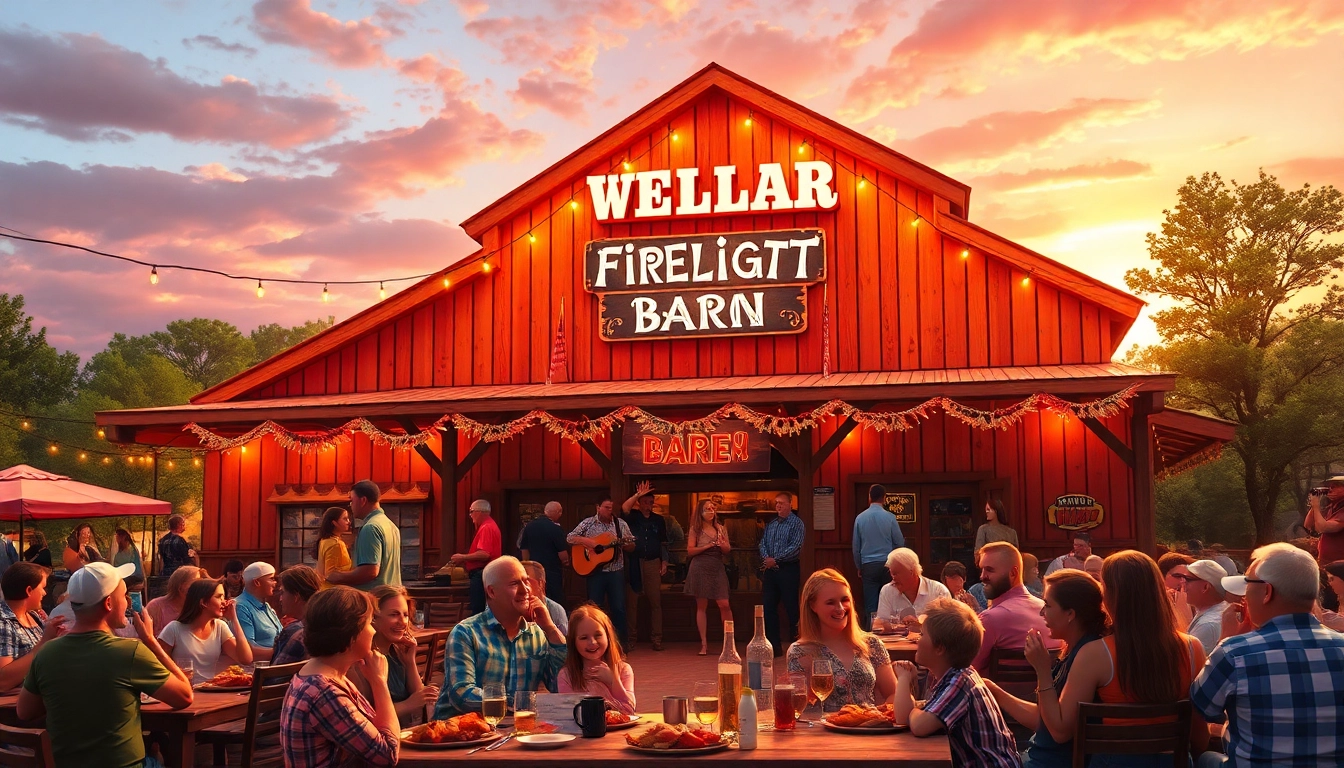 Enjoying a BBQ dinner at Firelight Barn with a lively atmosphere and entertainment.