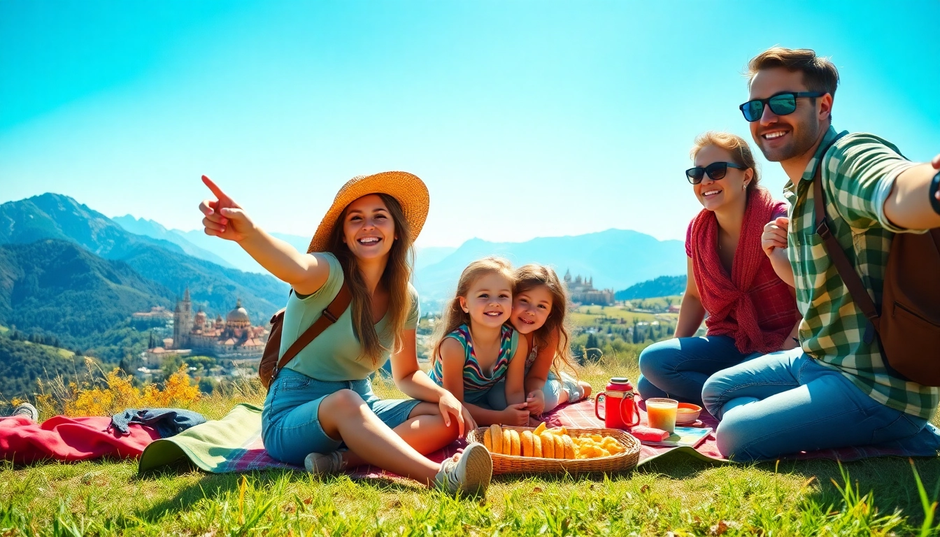 Travelers enjoying a scenic landscape, fostering a sense of adventure and joyful exploration.
