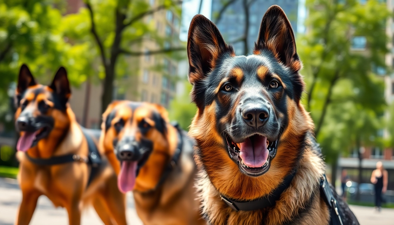 Security Dog Services Cardiff showcased by trained dogs in an urban setting for enhanced safety.