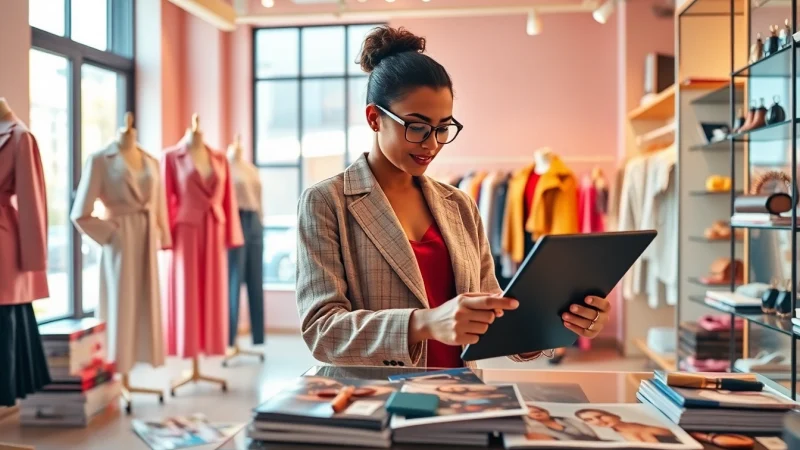 Stylish AI stylist creating personalized outfits in a vibrant fashion boutique setting.