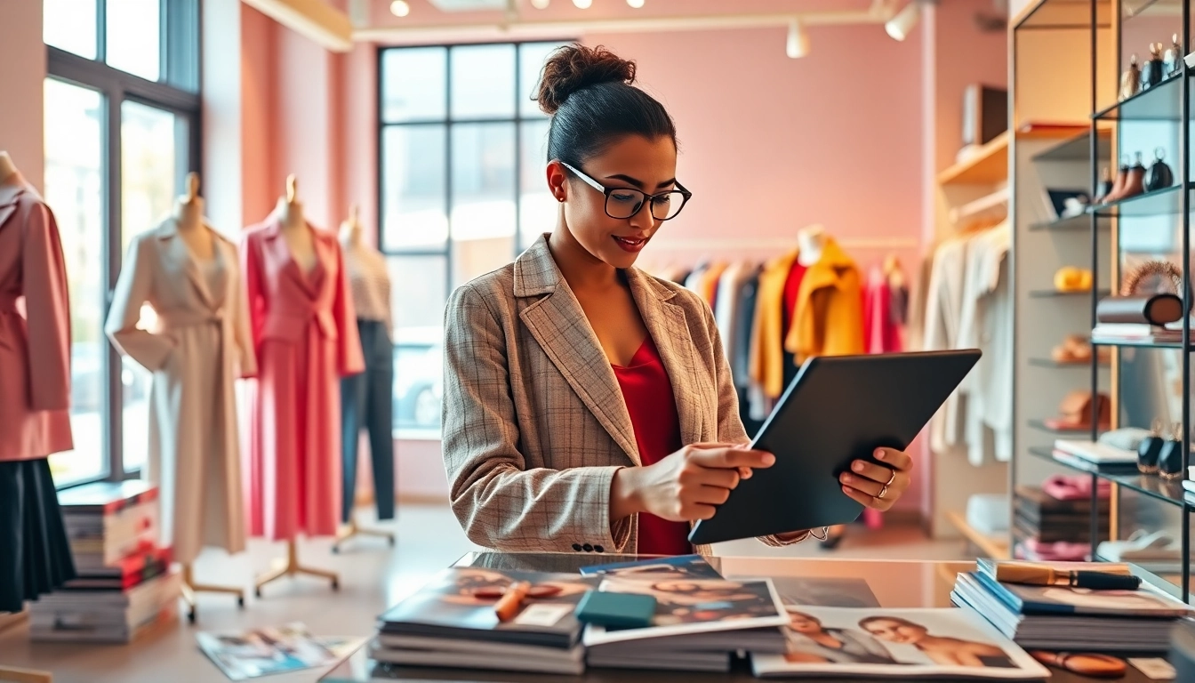 Stylish AI stylist creating personalized outfits in a vibrant fashion boutique setting.