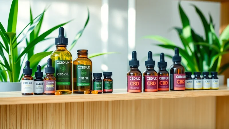 Showcasing CBD UK products in a natural and welcoming retail setting, highlighting a variety of oils and edibles.