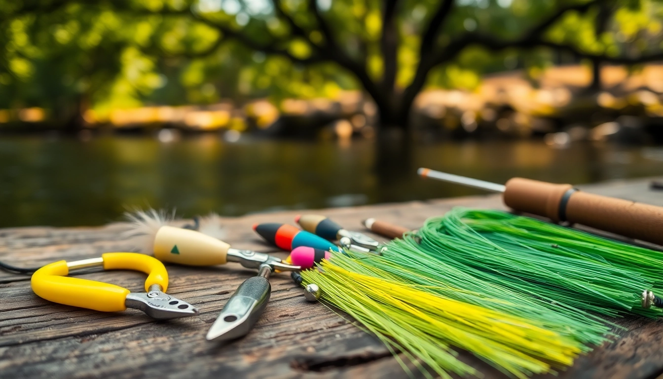 Showcase of Fly fishing accessories displayed elegantly on a rustic table with natural lighting.