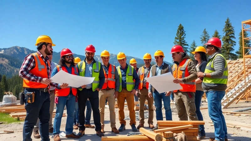 Construction association colorado workers communicating on a building site in Colorado.