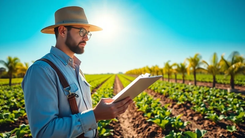 Farmer reviewing agricultural law documents in a vibrant field, emphasizing legal aspects in agriculture.
