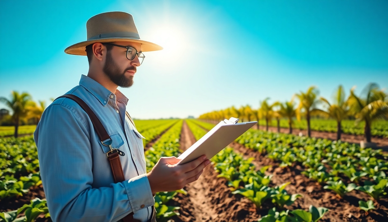 Farmer reviewing agricultural law documents in a vibrant field, emphasizing legal aspects in agriculture.