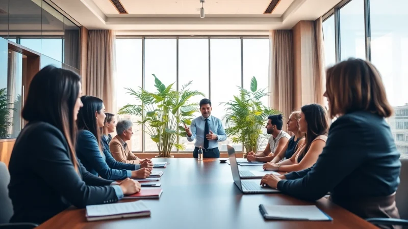 Engaging business coach near me guiding a workshop with attentive participants.