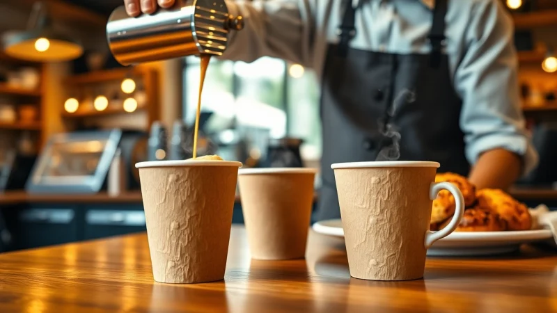 Pouring coffee into stylish paper coffee cups, showcasing fresh brews in a cozy café.