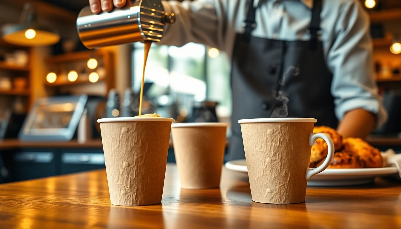 Pouring coffee into stylish paper coffee cups, showcasing fresh brews in a cozy café.