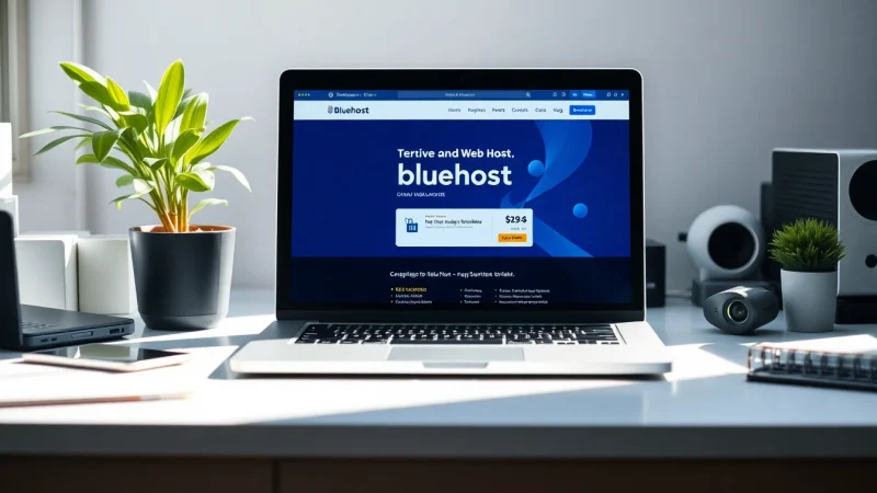 Showcase of Bluehost's user-friendly interface on a laptop in a modern office.