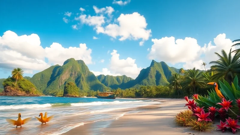 Menampilkan keindahan alam 토토피아 yang dikelilingi oleh flora tropis dan pantai yang tenang.