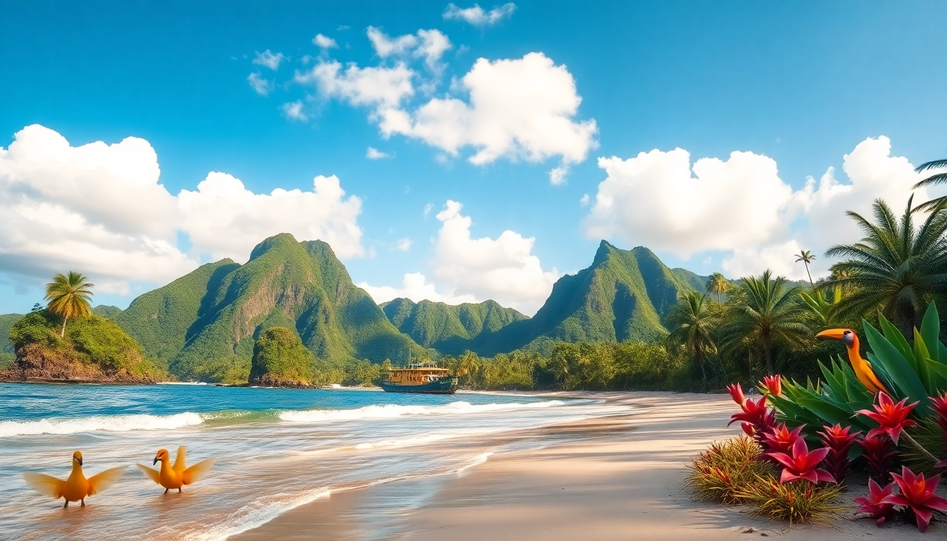 Menampilkan keindahan alam 토토피아 yang dikelilingi oleh flora tropis dan pantai yang tenang.