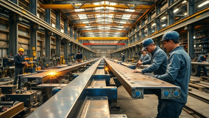 Workers engaged in structural steel fabrication in a busy industrial workshop.