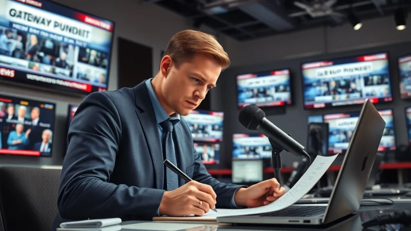 Engaging journalist covers gateway pundit news in a modern newsroom.
