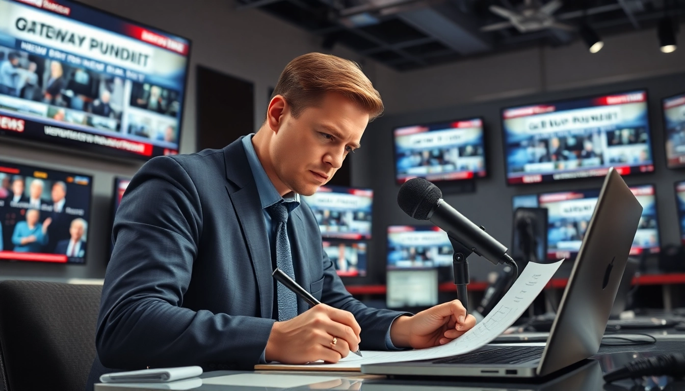Engaging journalist covers gateway pundit news in a modern newsroom.