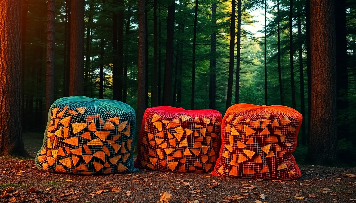 Showcasing firewood mesh bags Europe filled with firewood in a natural forest setting.