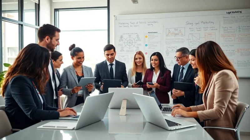Collaborating professionals in a bright office engaging in Legal Marketing strategies using digital tools.