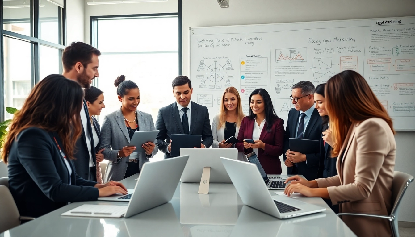 Collaborating professionals in a bright office engaging in Legal Marketing strategies using digital tools.