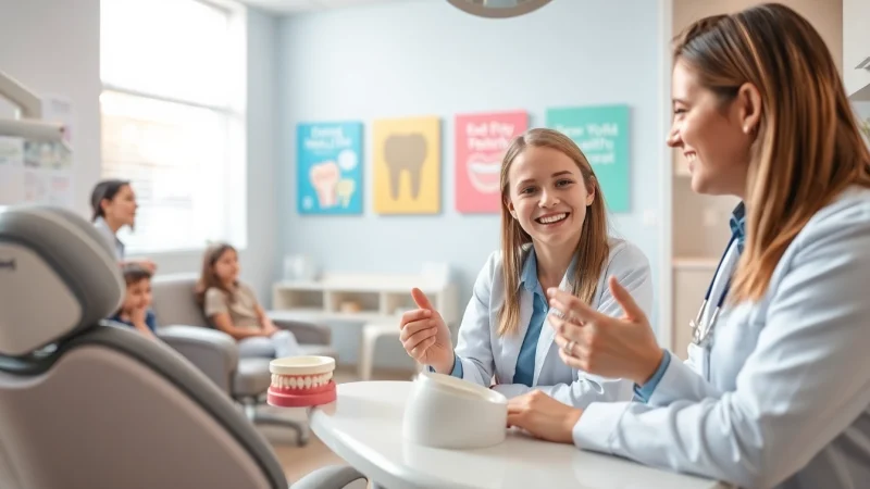 Engaging orthodontist Myrtle Beach discussing treatment options with a young patient in a bright clinic.