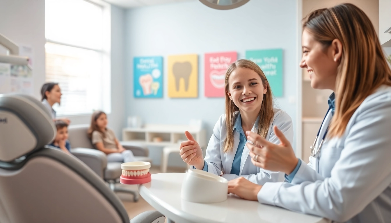 Engaging orthodontist Myrtle Beach discussing treatment options with a young patient in a bright clinic.